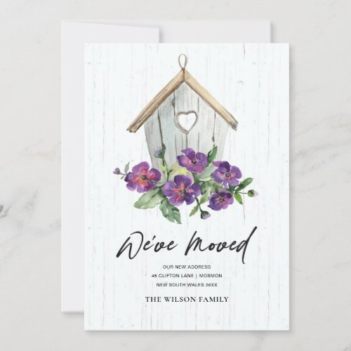 WOODEN WHITE FLORAL BIRD HOUSE MOVING NEW ADDRESS ANNOUNCEMENT