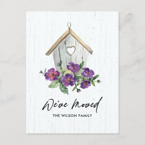 WOODEN WHITE FLORAL BIRD HOUSE MOVING NEW ADDRESS ANNOUNCEMENT POSTCARD