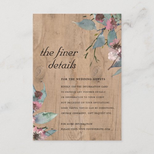 Wooden Wild Pink Eucalyptus Floral Wedding Detail  Enclosure Card