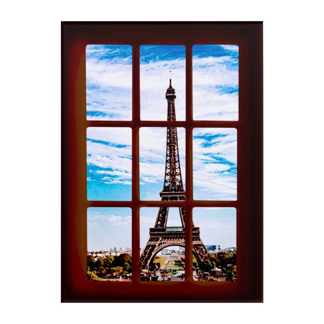 Wooden window with view on Eiffel tower, Paris Acrylic Print (Front)