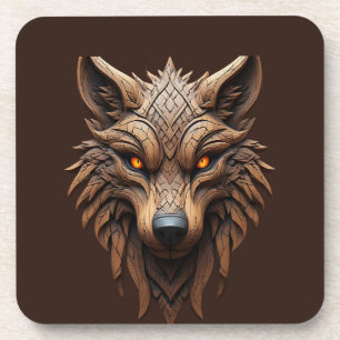 Wooden Wolf Art Carving with Geometric Patterns Beverage Coaster