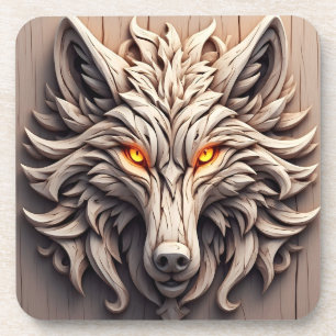 Wooden Wolf Art Carving with Geometric Patterns Beverage Coaster