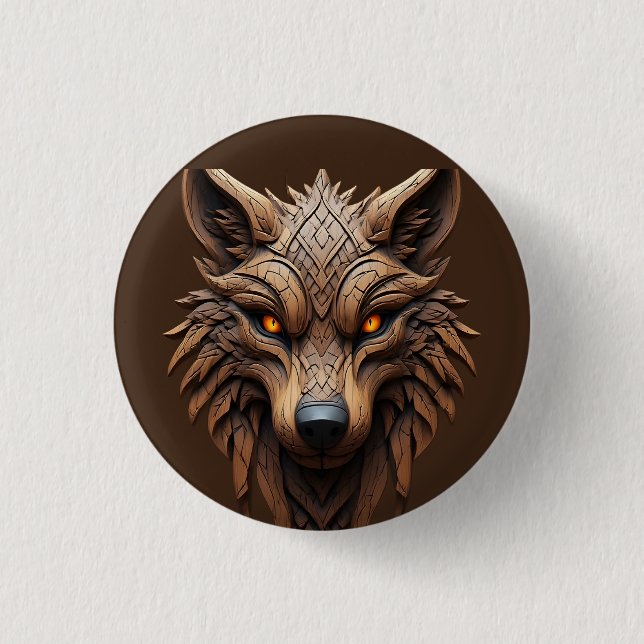 Wooden Wolf Art Carving with Geometric Patterns Button (Front)