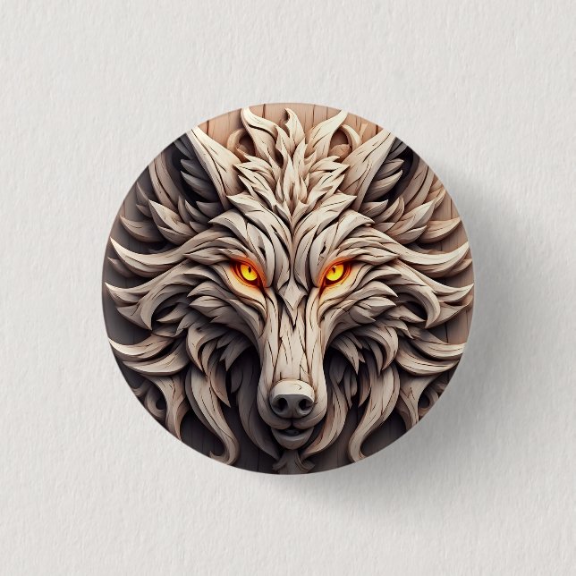 Wooden Wolf Art Carving with Geometric Patterns Button (Front)