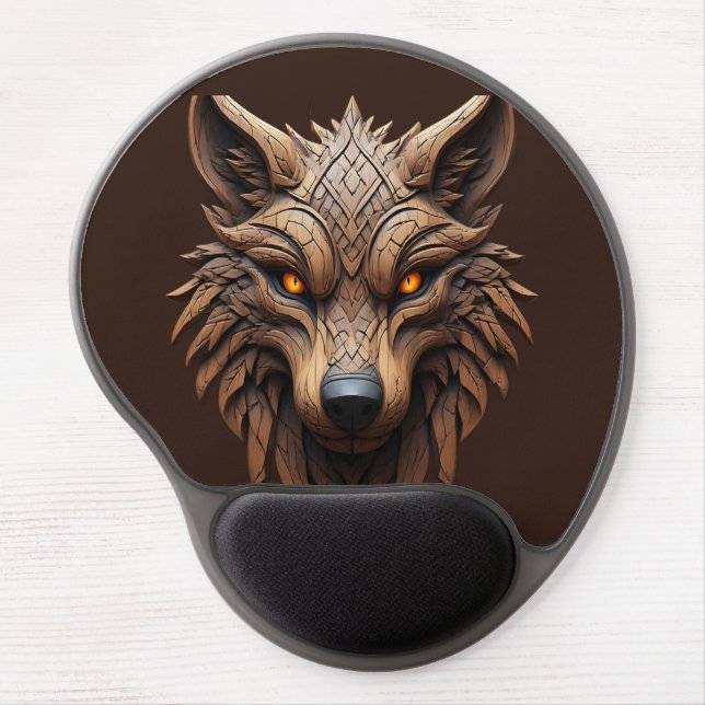 Wooden Wolf Art Carving with Geometric Patterns Gel Mouse Pad (Front)