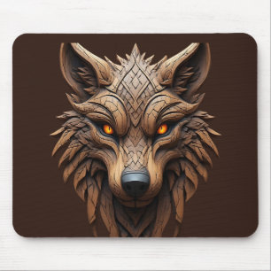 Wooden Wolf Art Carving with Geometric Patterns Mouse Pad