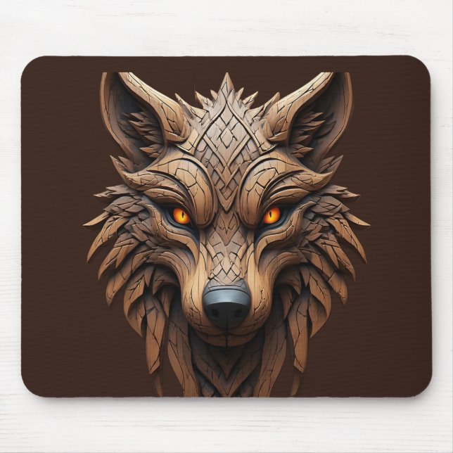 Wooden Wolf Art Carving with Geometric Patterns Mouse Pad (Front)