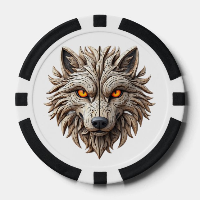 Wooden Wolf Art Carving with Geometric Patterns Poker Chips (Front)