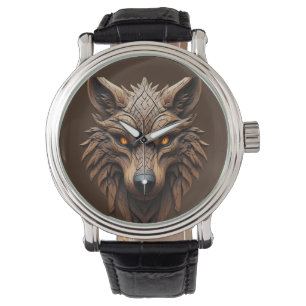 Wooden Wolf Art Carving with Geometric Patterns Watch
