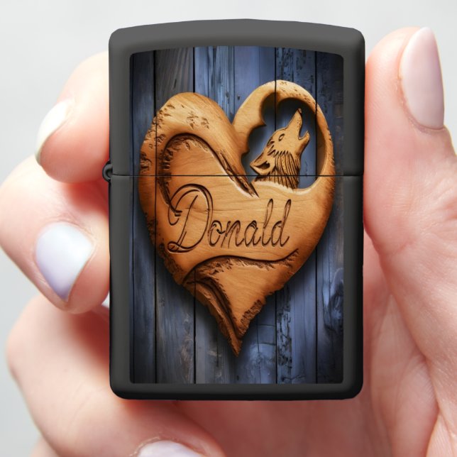 Wooden Wolf Heart Sign Zippo Lighter (In Hand)