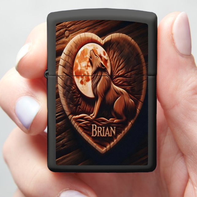 Wooden Wolf Howling at Moon Zippo Lighter (In Hand)