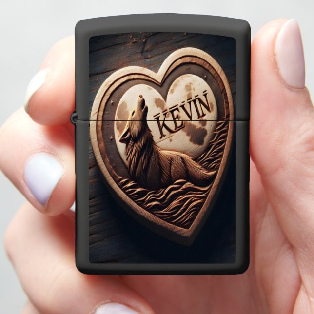 Wooden Wolf Howling at Moon Zippo Lighter (In Hand)