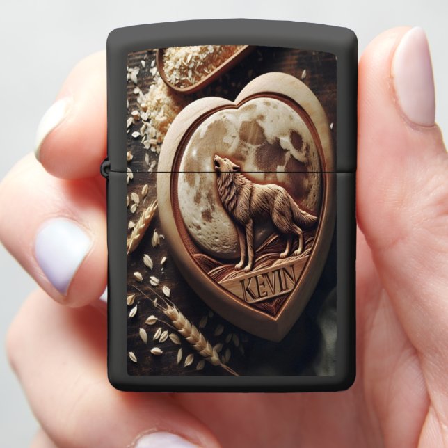 Wooden Wolf Under The Moon Zippo Lighter (In Hand)