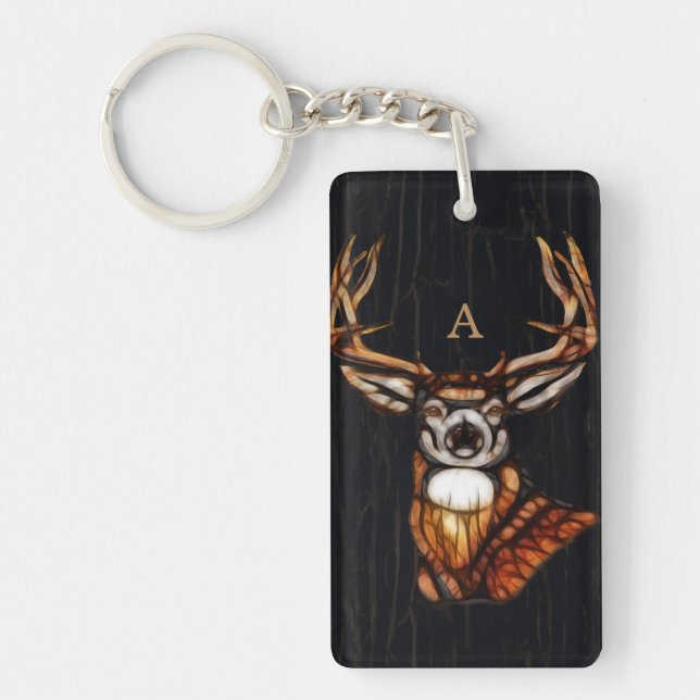 Wooden Wood Deer Rustic Country Unique Monogram Keychain (Front)