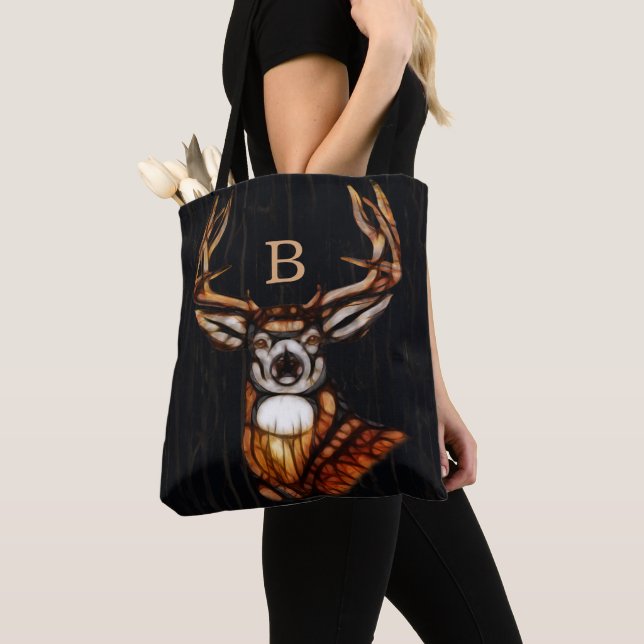 Wooden Wood Deer Rustic Country Unique Monogram Tote Bag (Close Up)