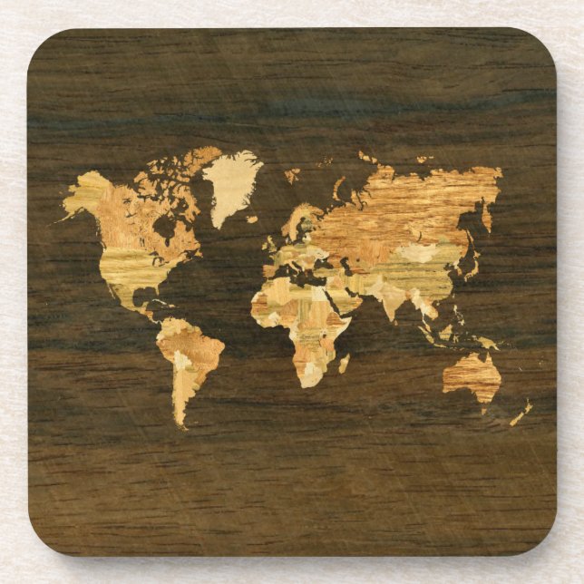 Wooden World Map Beverage Coaster (Front)