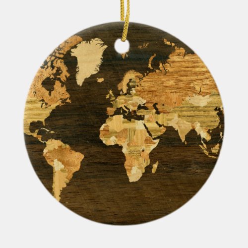 Wooden World Map Ceramic Ornament