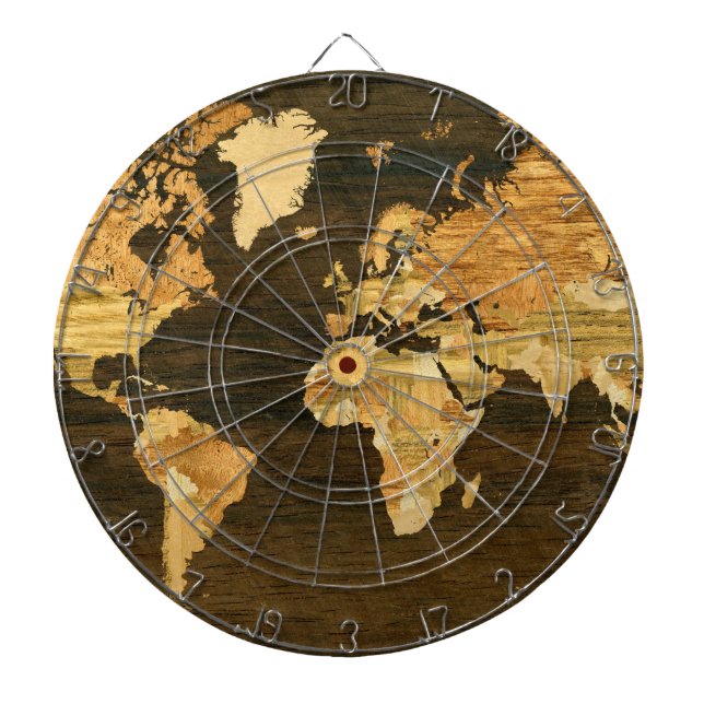 Wooden World Map Dartboard With Darts (Front)