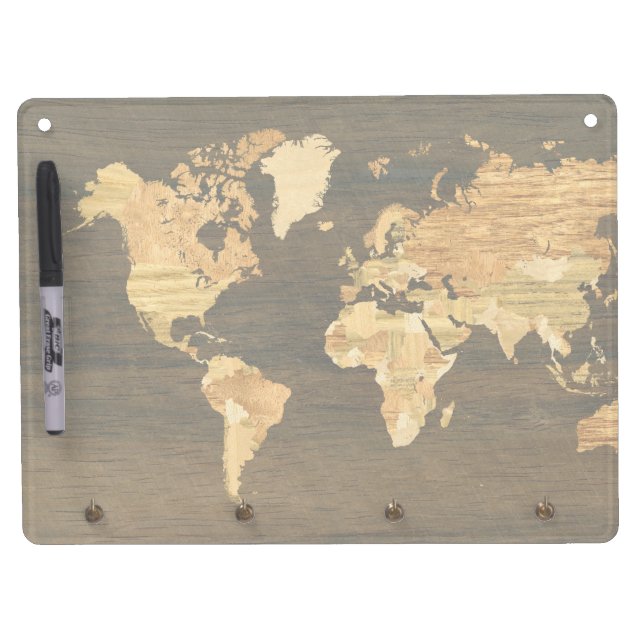 Wooden World Map Dry Erase Board With Keychain Holder (Front)
