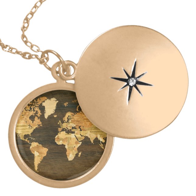 Wooden World Map Gold Plated Necklace (Front)