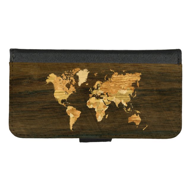 Wooden World Map iPhone Wallet Case (Front (Horizontal))