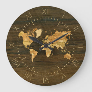 Wooden World Map Large Clock
