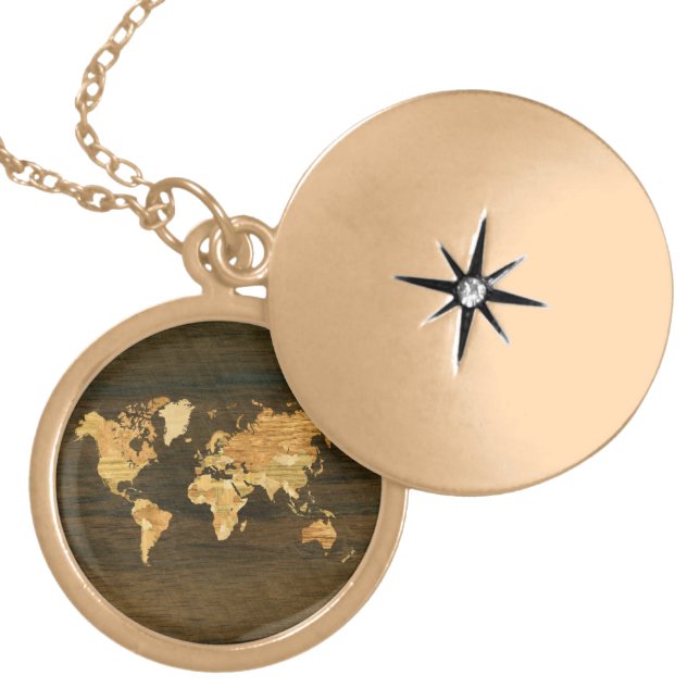 Wooden World Map Locket Necklace (Front)