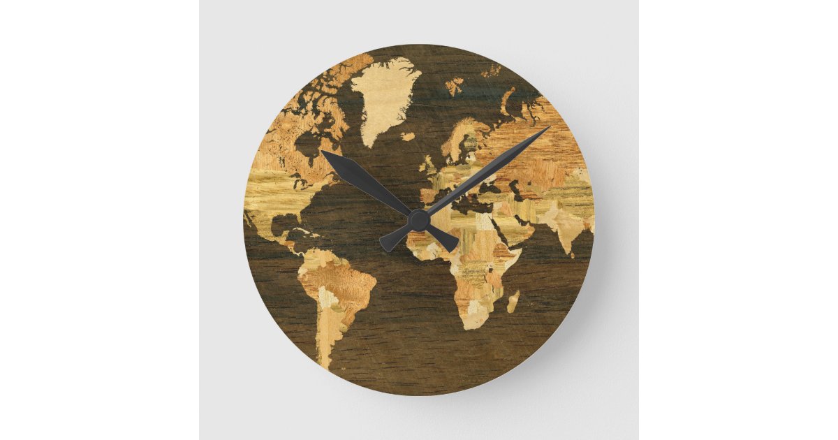 Wooden World Map Round Clock