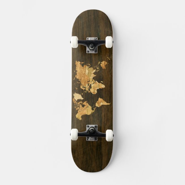 Wooden World Map Skateboard Deck (Front)