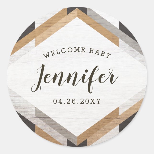 Woodgrain Collage Neutral Baby Shower Sticker (Front)