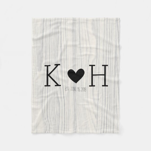 Woodgrain Couple's Initials Personalized Wedding Fleece Blanket (Front)