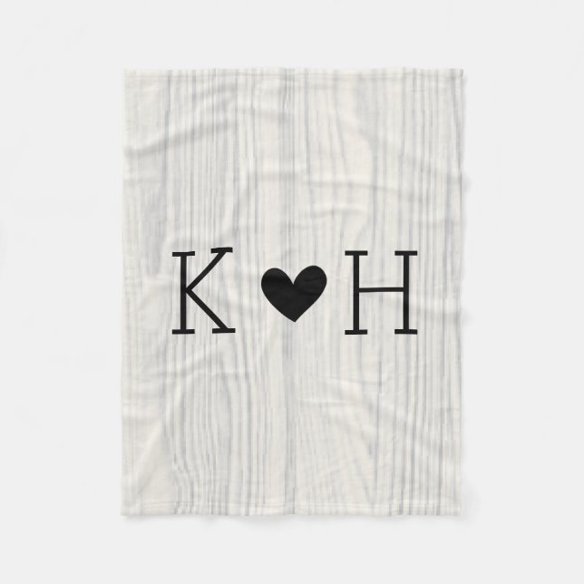 Woodgrain Couple's Initials Personalized Wedding Fleece Blanket (Front)