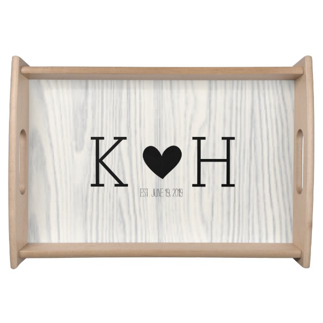 Woodgrain Couple's Initials Personalized Wedding Serving Tray (Front)