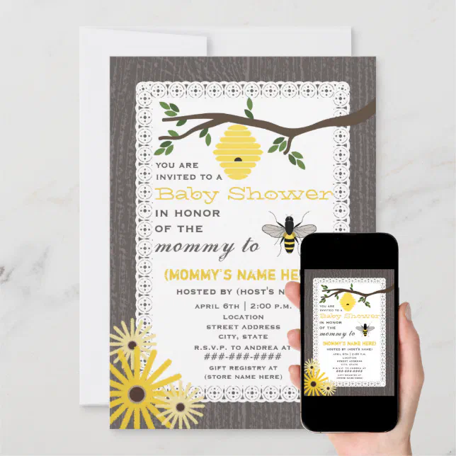 Woodgrain Inspired Honey Bee Themed Baby Shower Invitation Zazzle