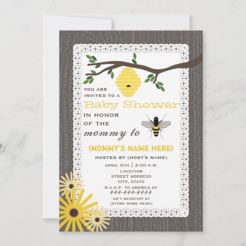 Woodgrain Inspired Honey Bee Themed Baby Shower Invites