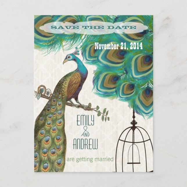 Woodgrain Lattice Peacock Birdcage Save the Date Announcement Postcard (Front)