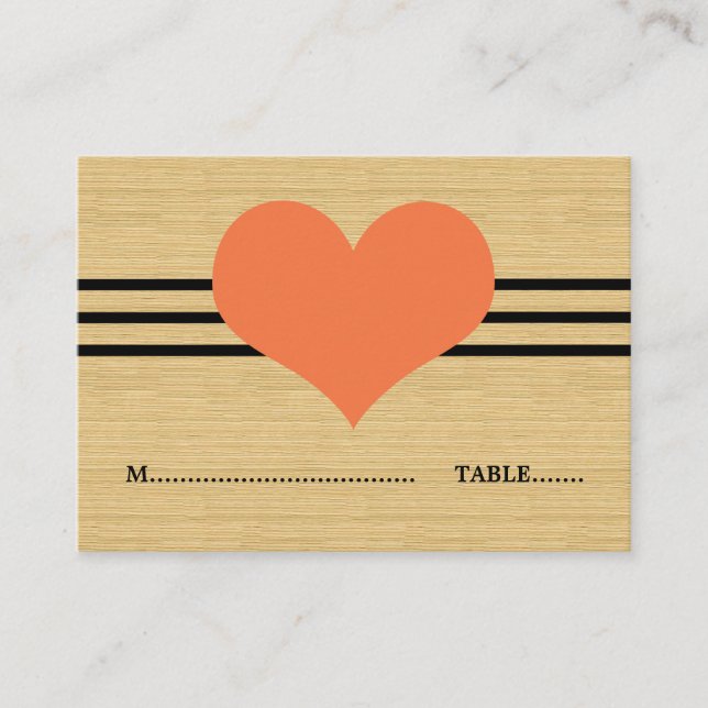 Woodgrain Mod Heart Place Card, Orange Card (Front)