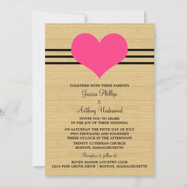 Woodgrain Mod Heart Wedding Invite, Pink Invitation (Front)