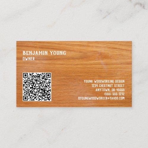 Woodgrain Oak Style Seven Line Custom QR Code Business Card