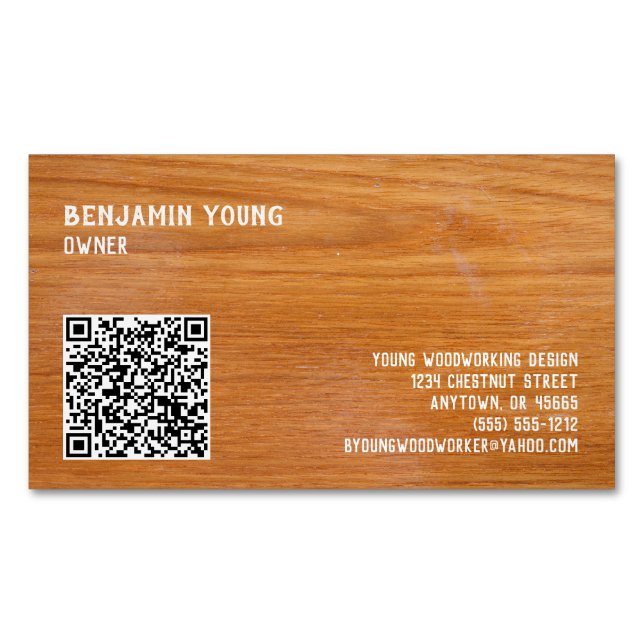 Woodgrain Oak Style Seven Line Custom QR Code Business Card Magnet (Front)