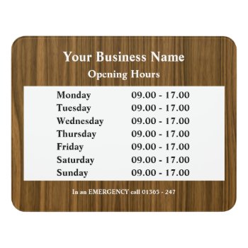 Woodgrain Opening Hours Sign by customizedgifts at Zazzle