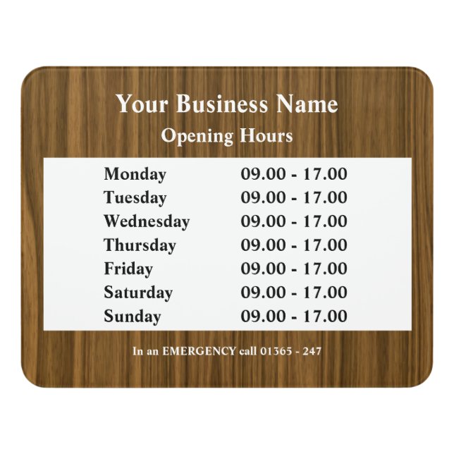 Woodgrain Opening hours Sign (Contemporary Front)