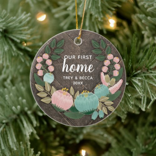 Woodgrain Our First Home Personalized Boho Florals Ceramic Ornament