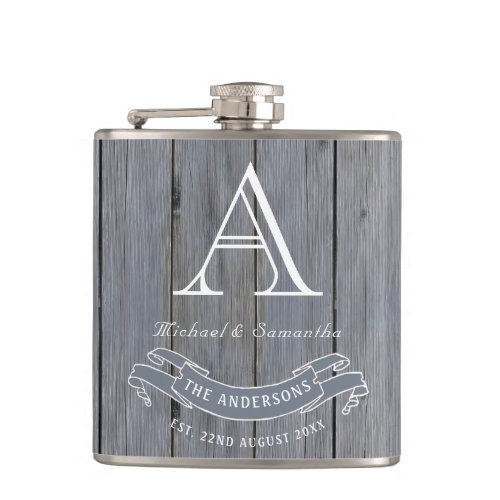 Woodgrain Rustic Light Gray Vintage Monogram Flask