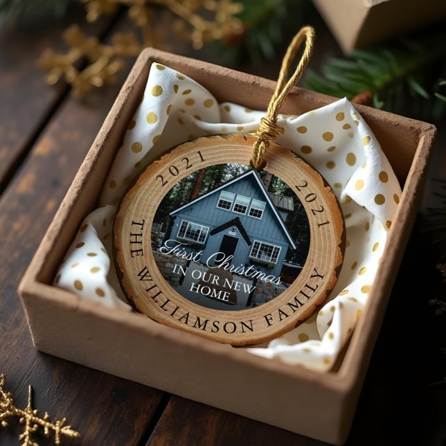 Woodgrain Slice First Christmas In Our New Home Ceramic Ornament (Woodgrain Slice First Christmas In Our New Home Ceramic Ornament)