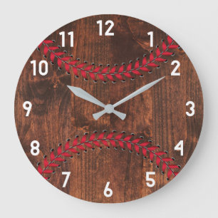 Woodgrain Sporty Baseball Decor Large Clock