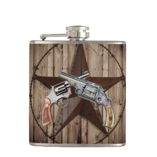 Woodgrain texas star cowboy western country pistol hip flask