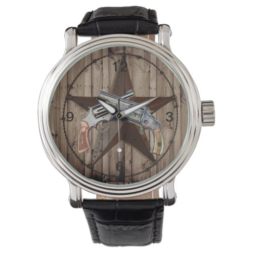 Woodgrain texas star cowboy western country pistol watch