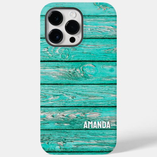 Woodgrain Turquoise Wooden Planks Custom Name Case_Mate iPhone 14 Pro Max Case