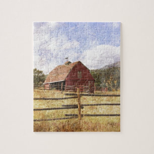 Woodgrain Western Country Farm Primitive Red Barn Jigsaw Puzzle